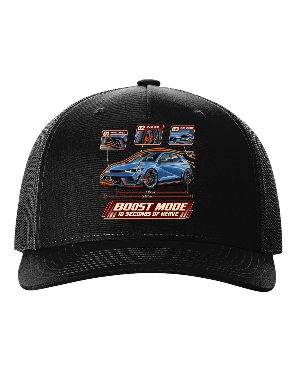 Hyundai Ioniq 5 N aero cutaway callouts print black hat front view with the design