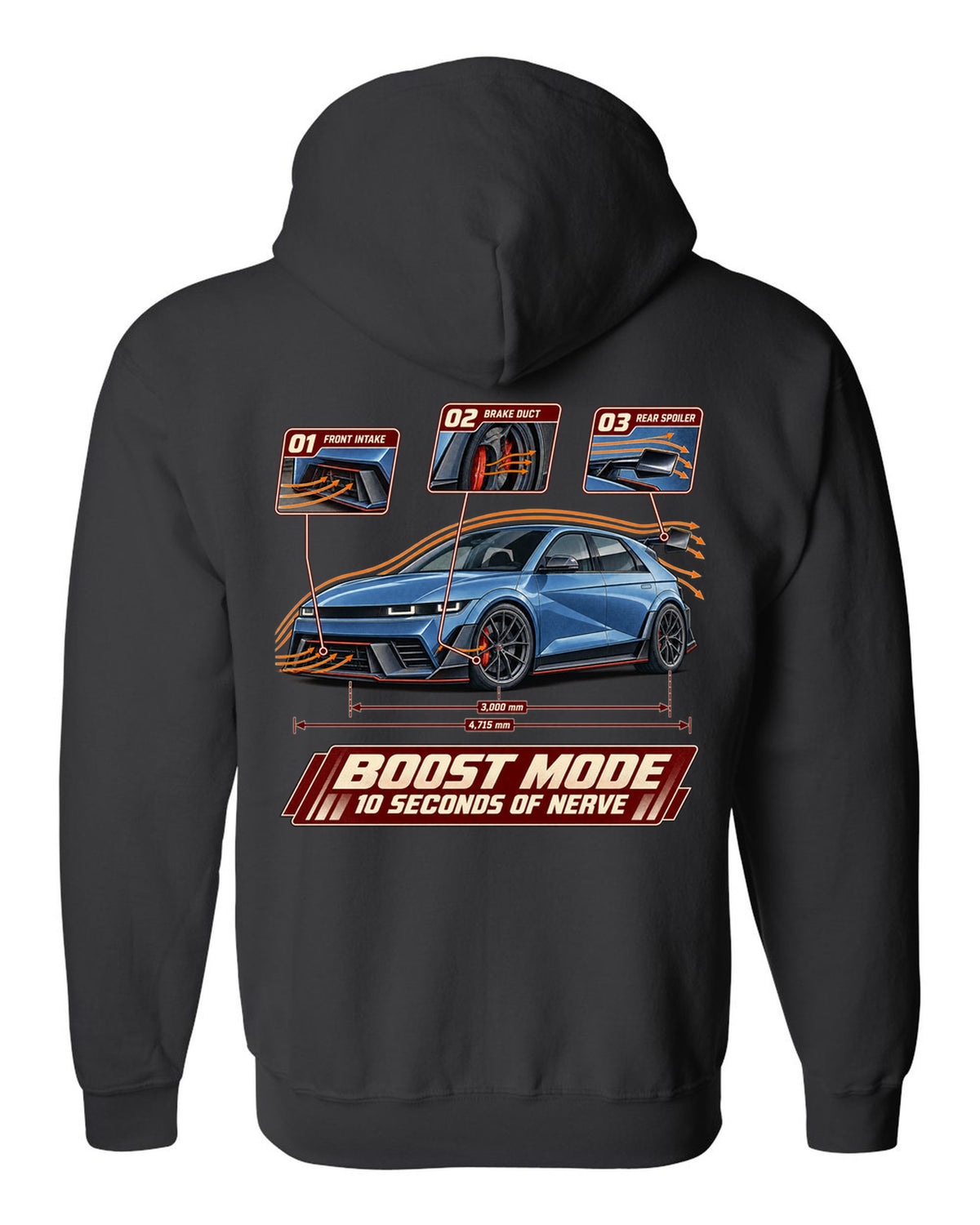 Hyundai Ioniq 5 N aero cutaway callouts print black zip hoodie back view with the design