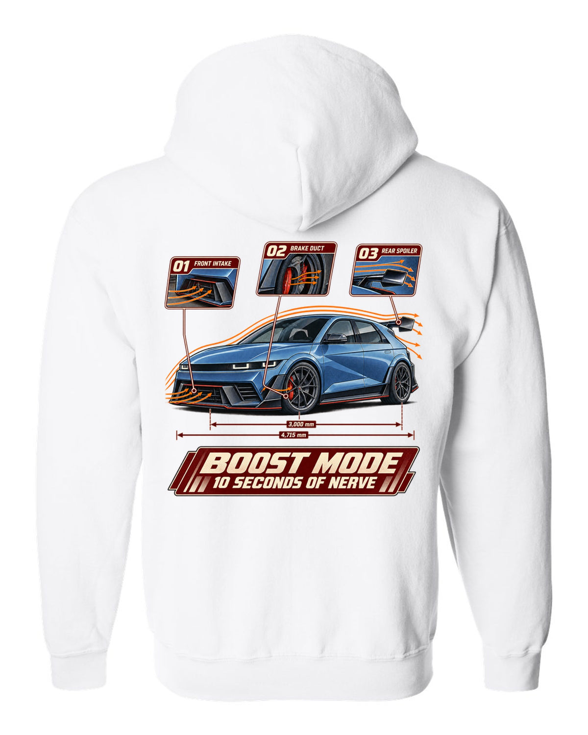 Hyundai Ioniq 5 N aero cutaway callouts print white zip hoodie back view with the design