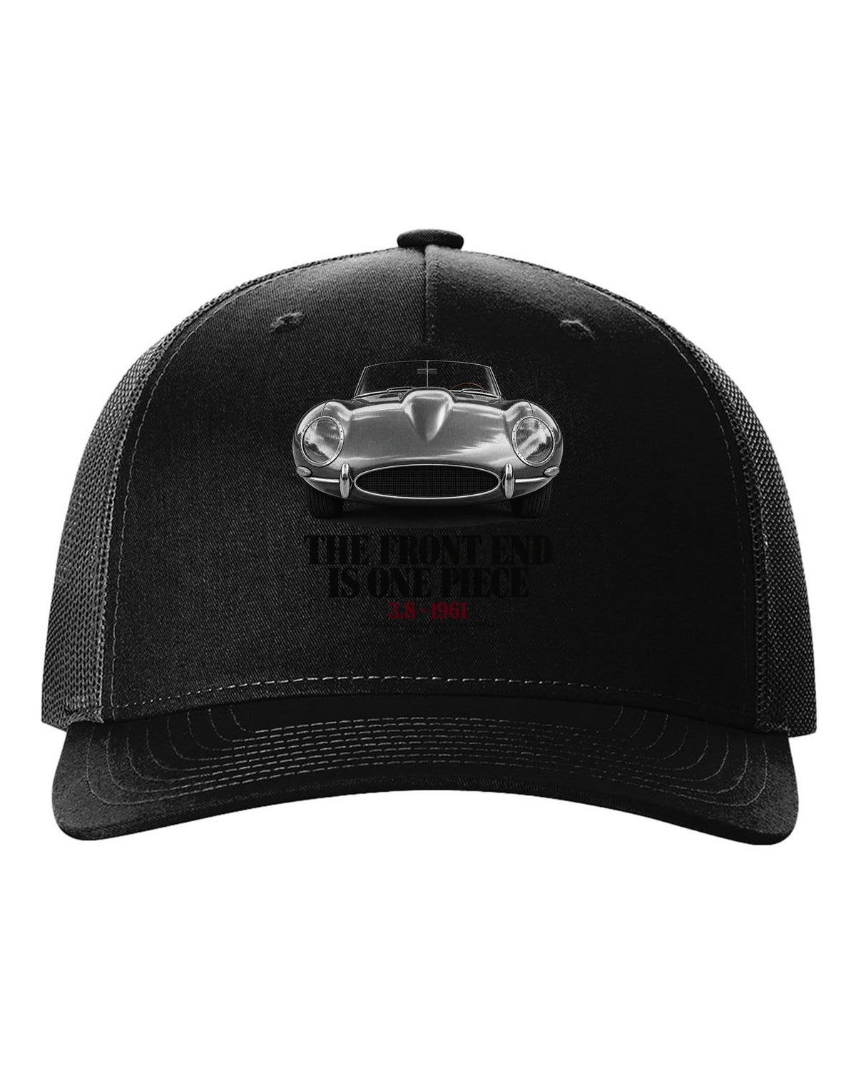 Jaguar E-Type Series 1 front end macro print black hat front view with the design