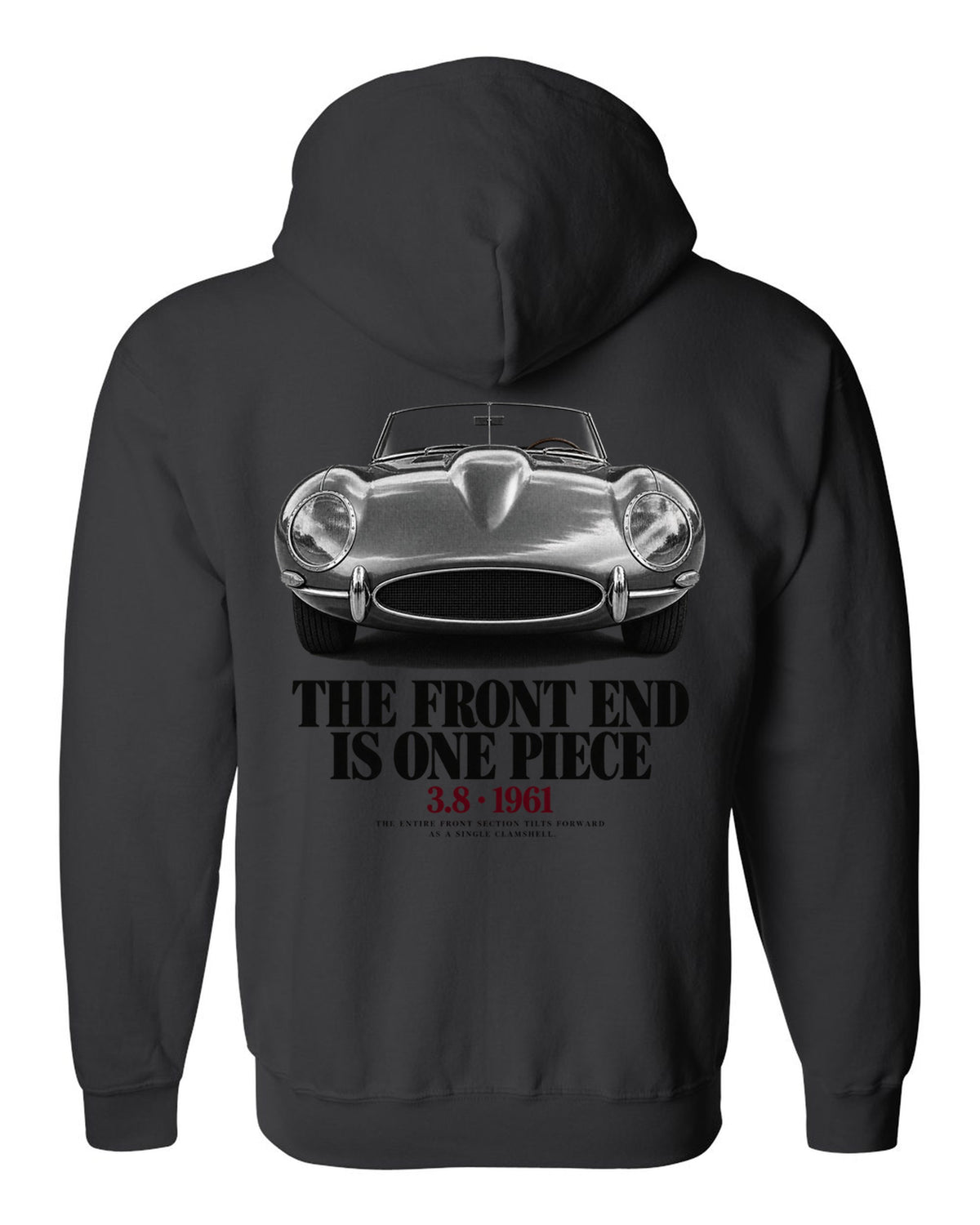 Jaguar E-Type Series 1 front end macro print black zip hoodie back view with the design