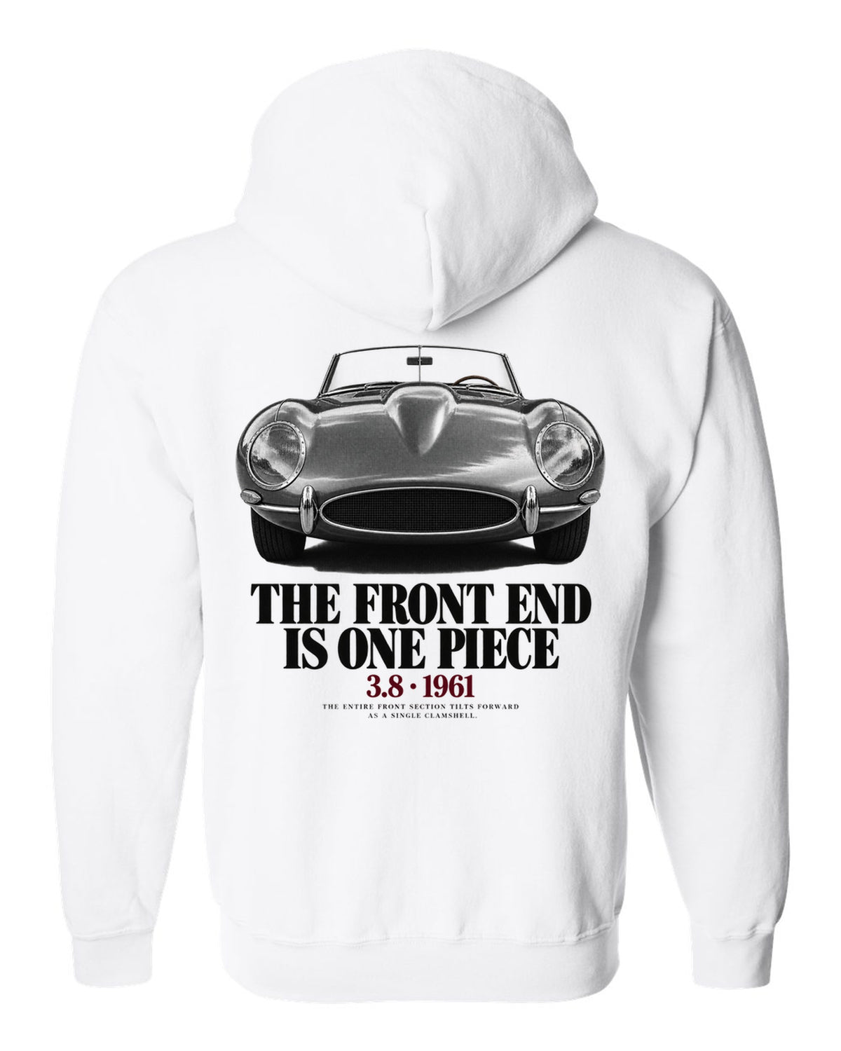 Jaguar E-Type Series 1 front end macro print white zip hoodie back view with the design