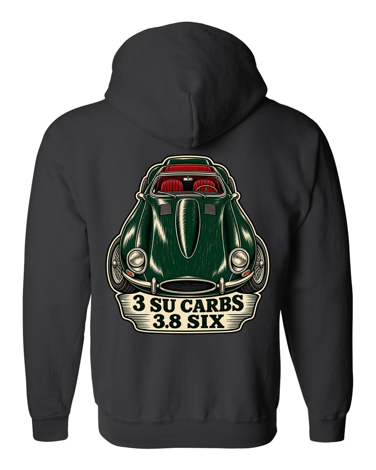 Jaguar E-Type Series 1 long bonnet woodcut with 3 SU CARBS 3.8 SIX lettering black zip hoodie back view with the design