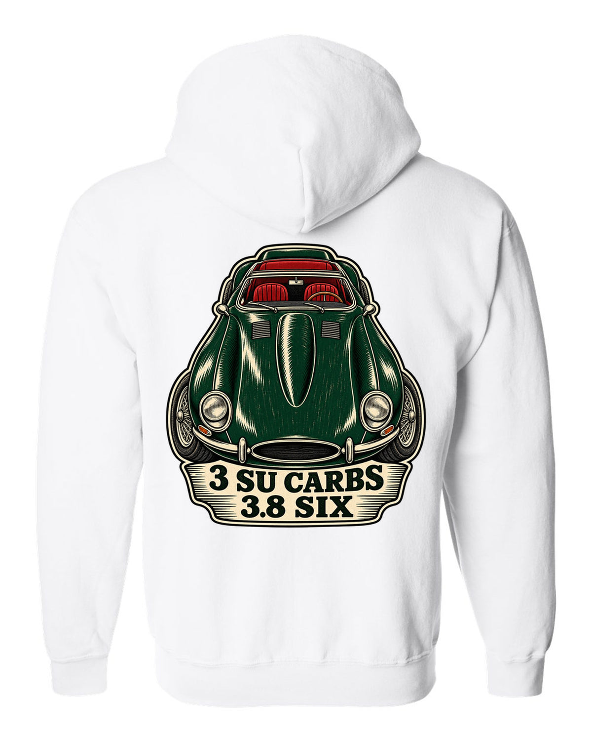 Jaguar E-Type Series 1 long bonnet woodcut with 3 SU CARBS 3.8 SIX lettering white zip hoodie back view with the design