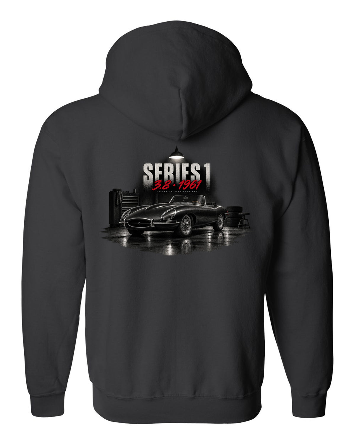 Garage night print of a 1961 Jaguar E-Type Series 1 3.8 with covered headlights and wire wheels black zip hoodie back view with the design