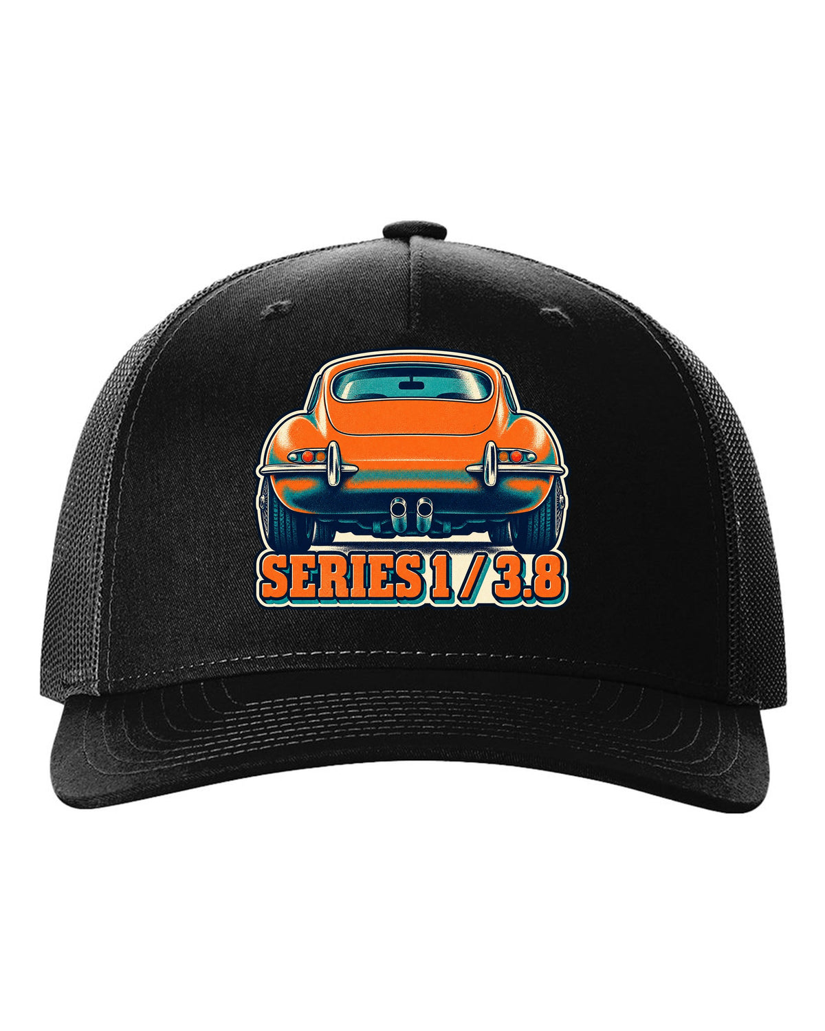 Risograph-style print of a Jaguar E-Type Series 1 taillight with Series 1 and 3.8 lettering black hat front view with the design