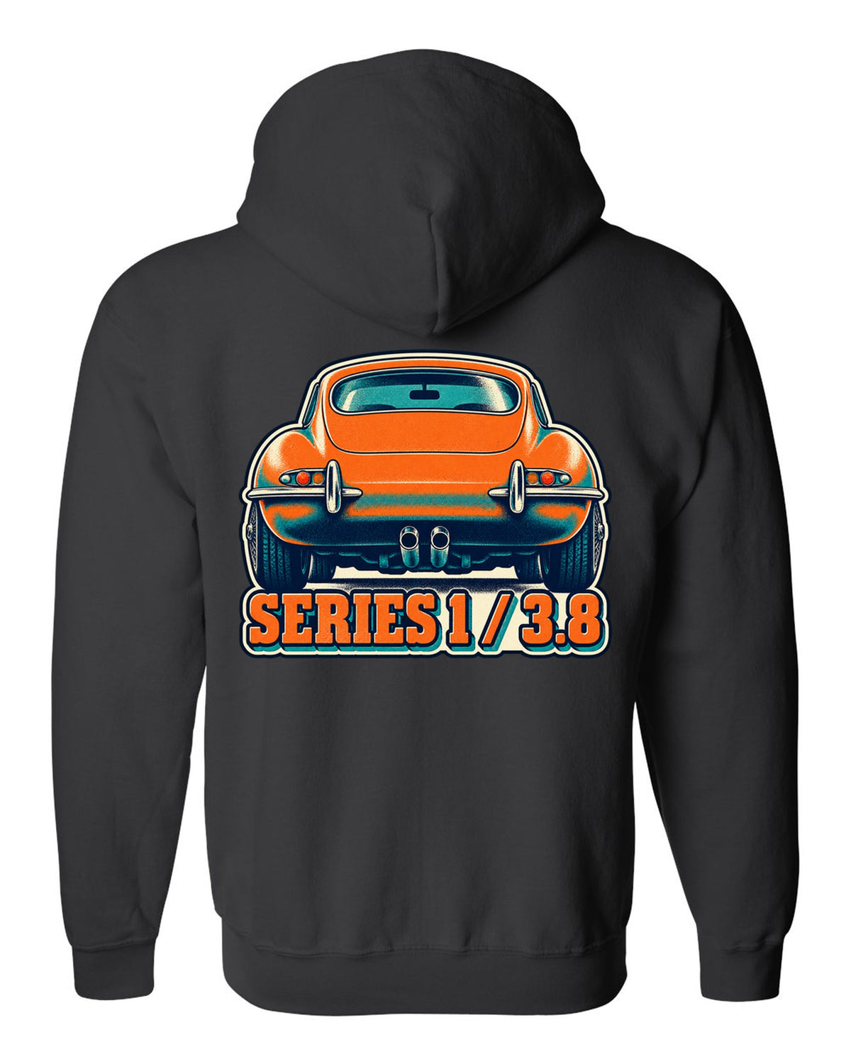 Risograph-style print of a Jaguar E-Type Series 1 taillight with Series 1 and 3.8 lettering black zip hoodie back view with the design