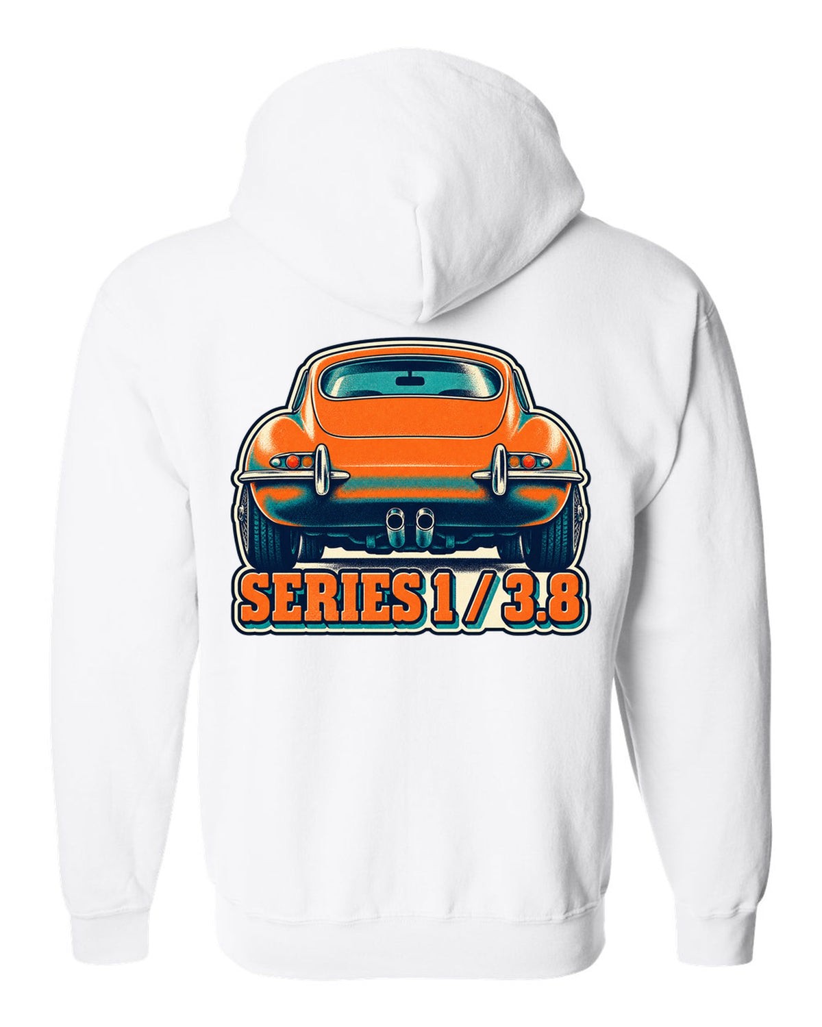 Risograph-style print of a Jaguar E-Type Series 1 taillight with Series 1 and 3.8 lettering white zip hoodie back view with the design