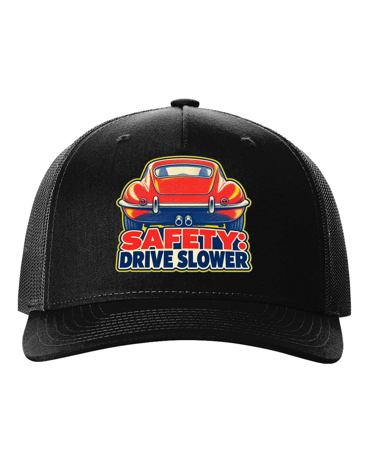 Jaguar E-Type Series 1 risograph print with SAFETY DRIVE SLOWER lettering black hat front view with the design