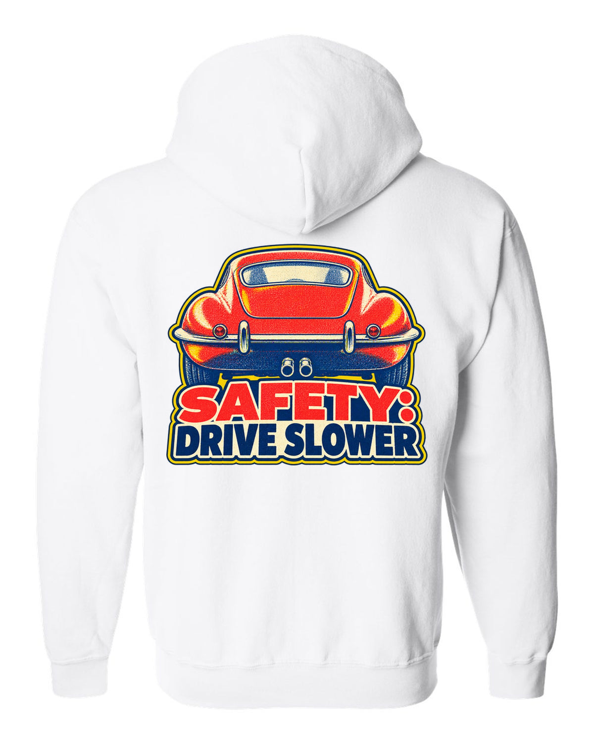 Jaguar E-Type Series 1 risograph print with SAFETY DRIVE SLOWER lettering white zip hoodie back view with the design