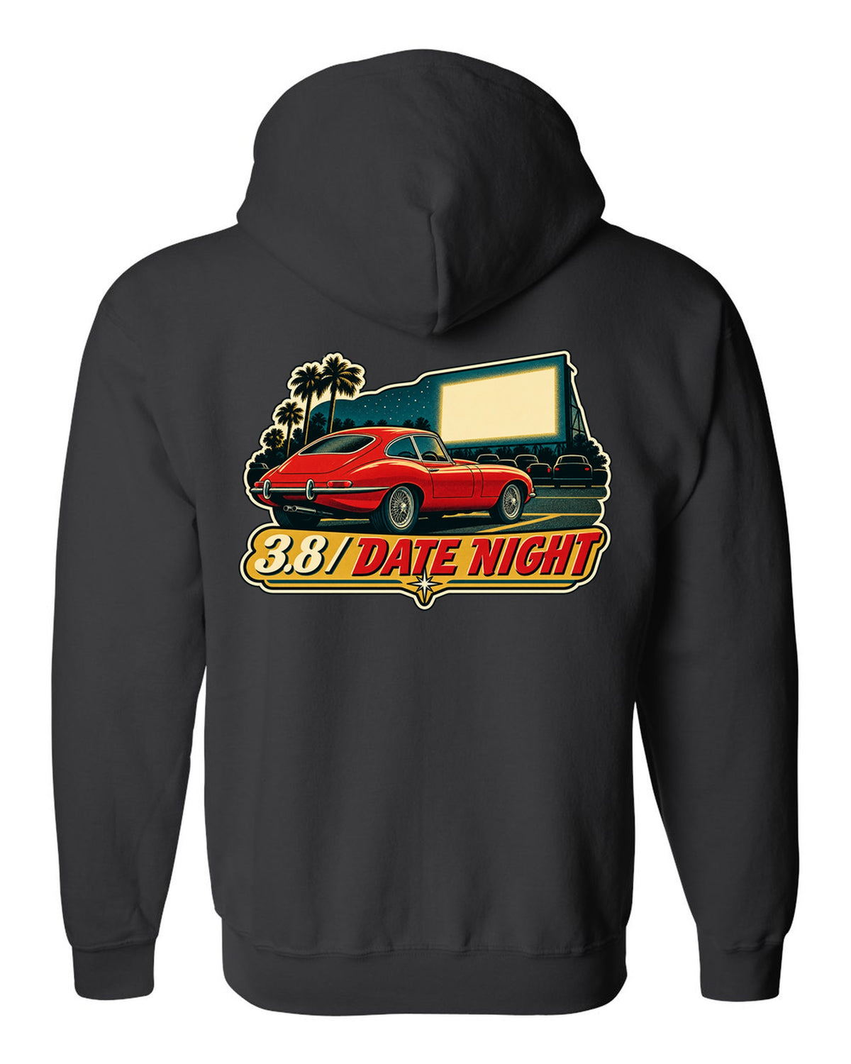 Jaguar E-Type Series 1 vintage race poster with 3.8 DATE NIGHT lettering black zip hoodie back view with the design