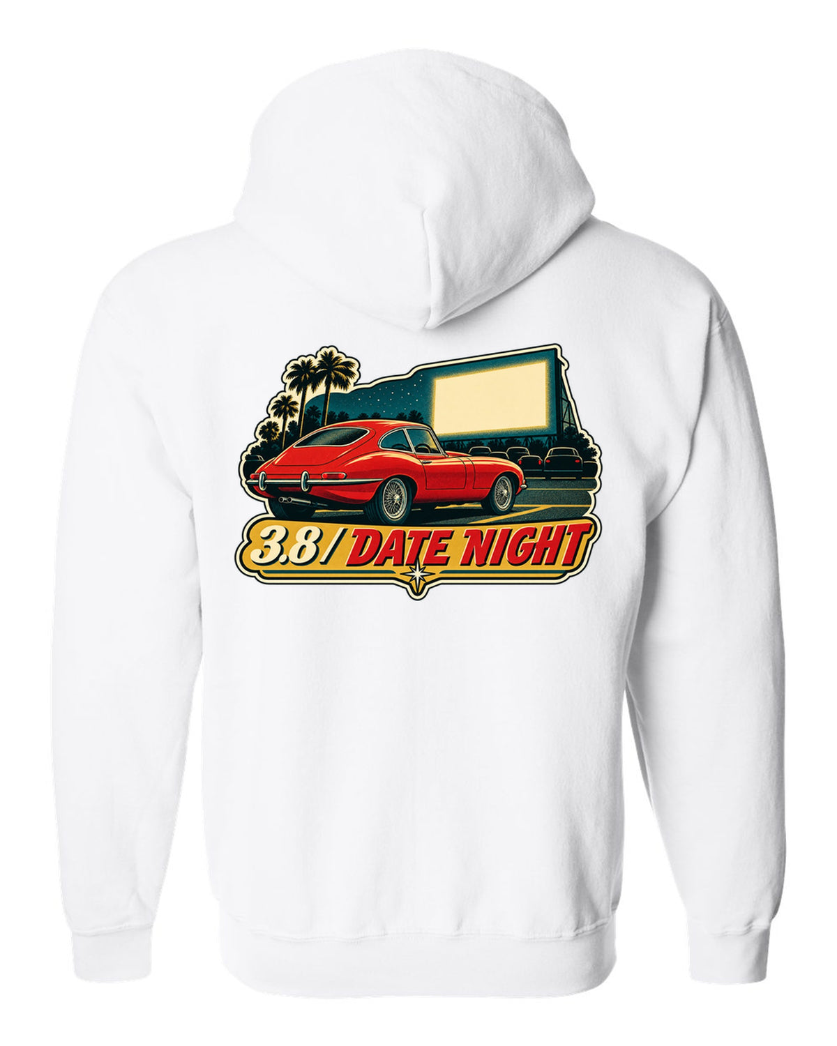 Jaguar E-Type Series 1 vintage race poster with 3.8 DATE NIGHT lettering white zip hoodie back view with the design