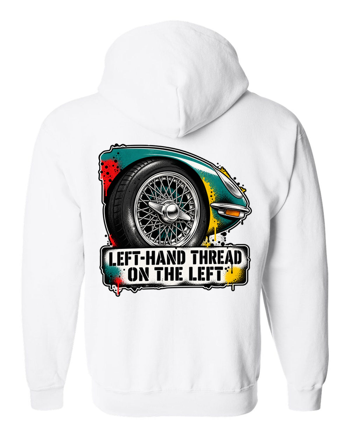 Jaguar E-Type Series 1 stencil spray with LEFT-HAND THREAD ON THE LEFT lettering white zip hoodie back view with the design