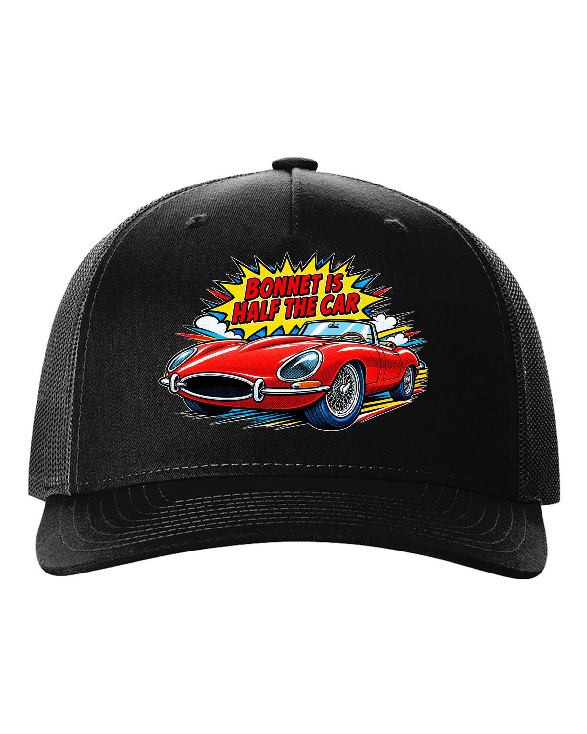 Comic halftone pop art print of a 1961 Jaguar E-Type Series 1 with bonnet is half the car lettering black hat front view with the design