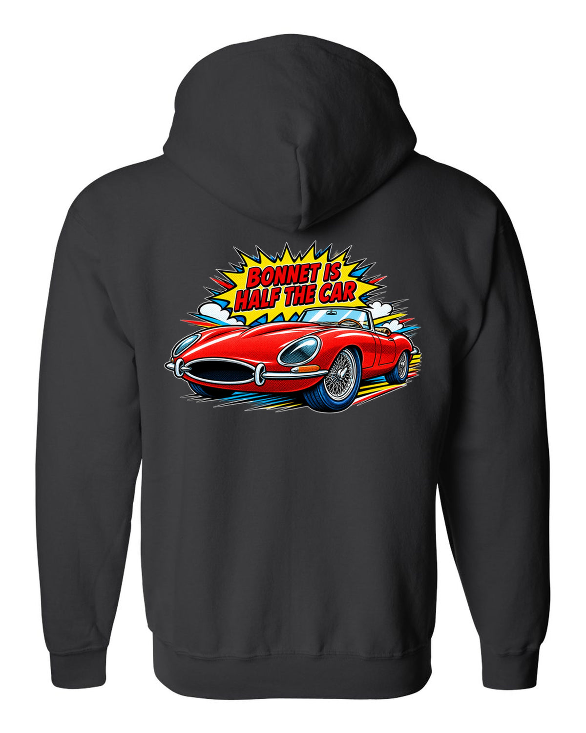 Comic halftone pop art print of a 1961 Jaguar E-Type Series 1 with bonnet is half the car lettering black zip hoodie back view with the design