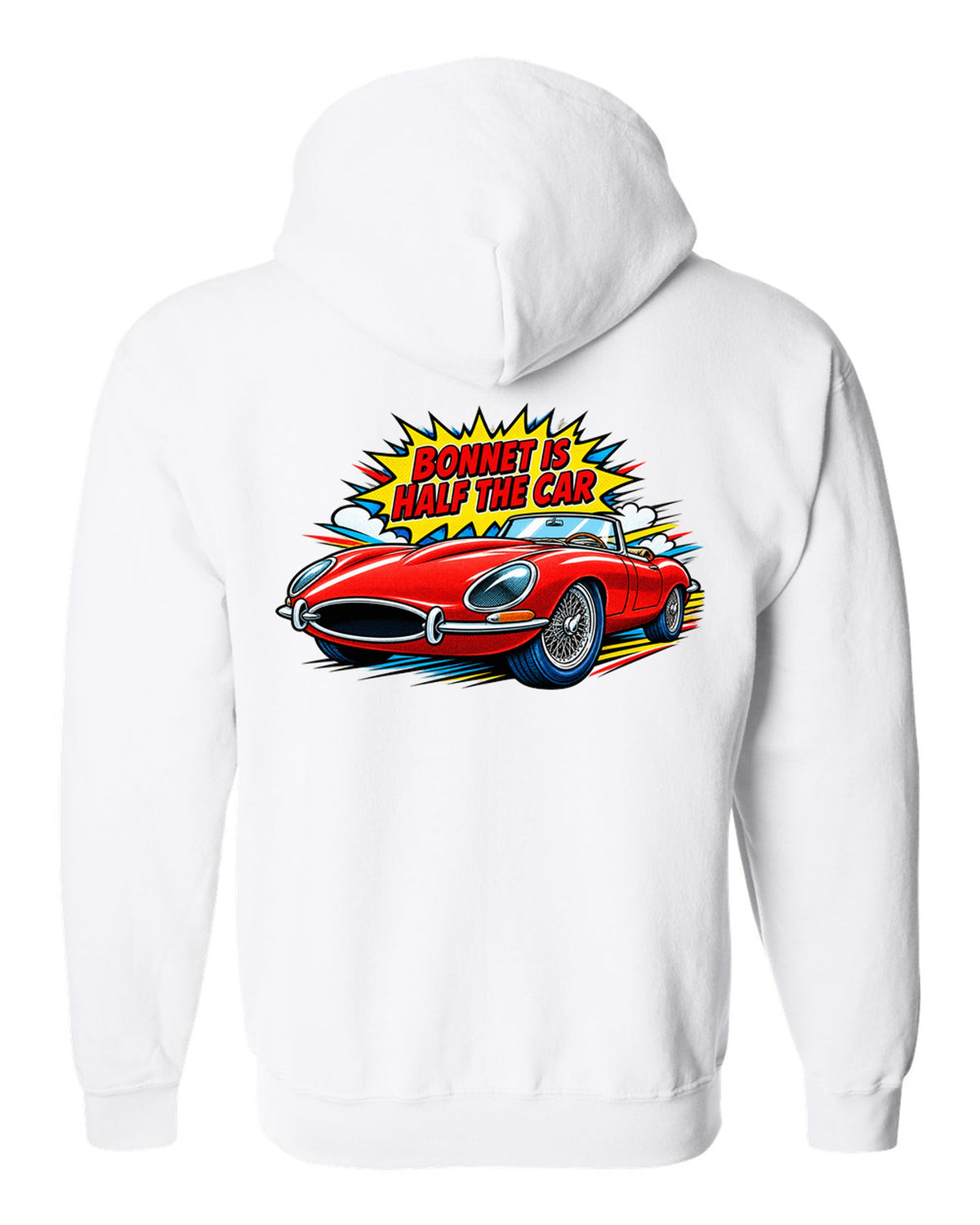 Comic halftone pop art print of a 1961 Jaguar E-Type Series 1 with bonnet is half the car lettering white zip hoodie back view with the design
