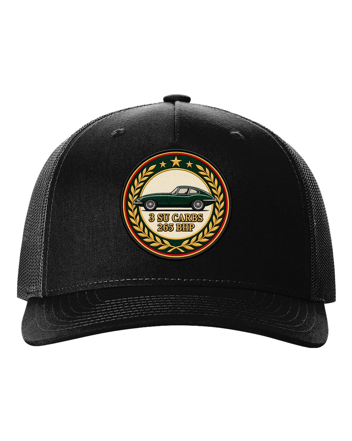 Varsity embroidery-style long bonnet print for the 1961 Jaguar E-Type Series 1 with 3 SU carbs and 265 bhp lettering black hat front view with the design