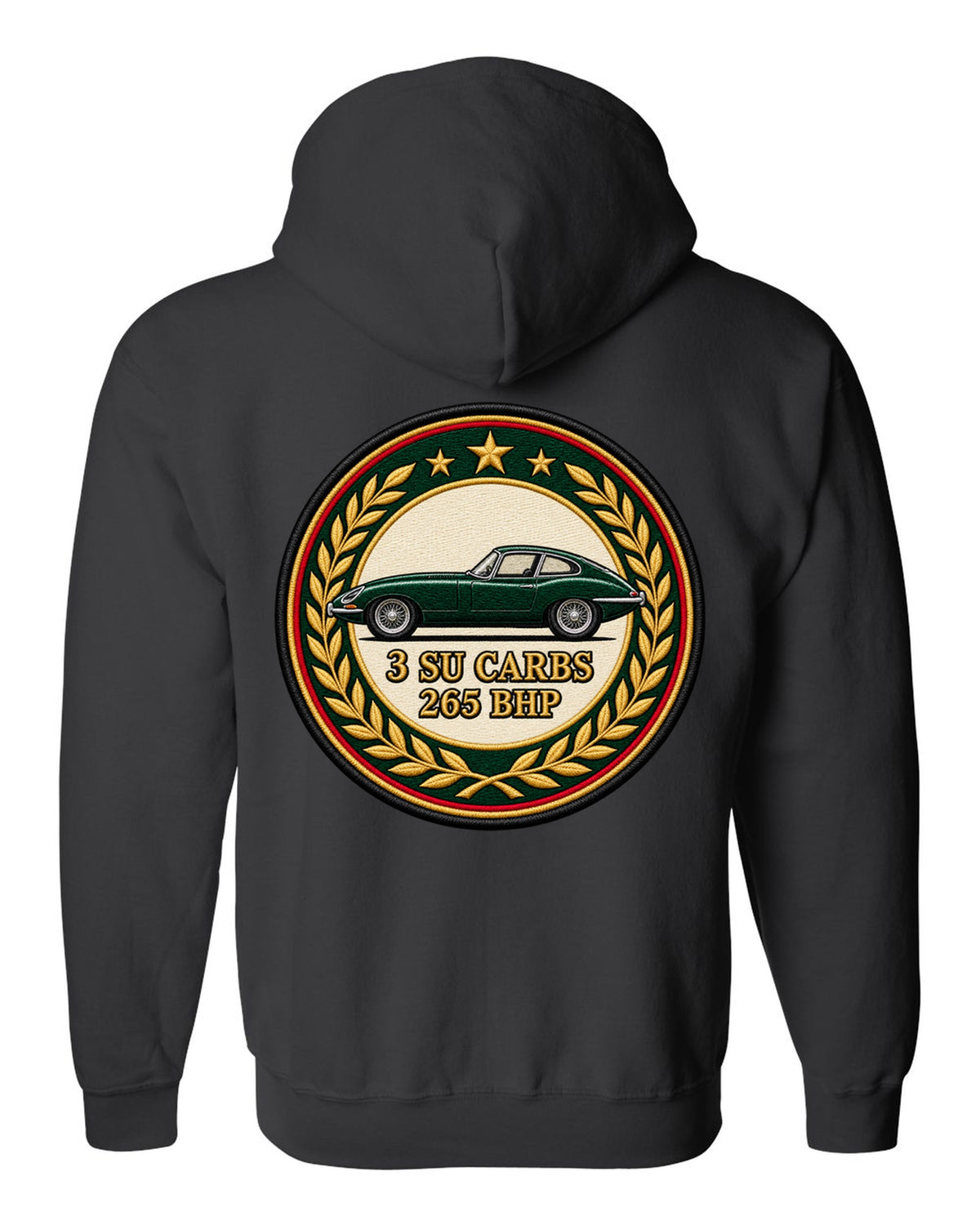 Varsity embroidery-style long bonnet print for the 1961 Jaguar E-Type Series 1 with 3 SU carbs and 265 bhp lettering black zip hoodie back view with the design