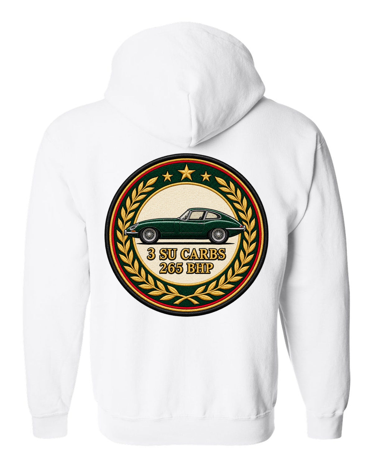 Varsity embroidery-style long bonnet print for the 1961 Jaguar E-Type Series 1 with 3 SU carbs and 265 bhp lettering white zip hoodie back view with the design