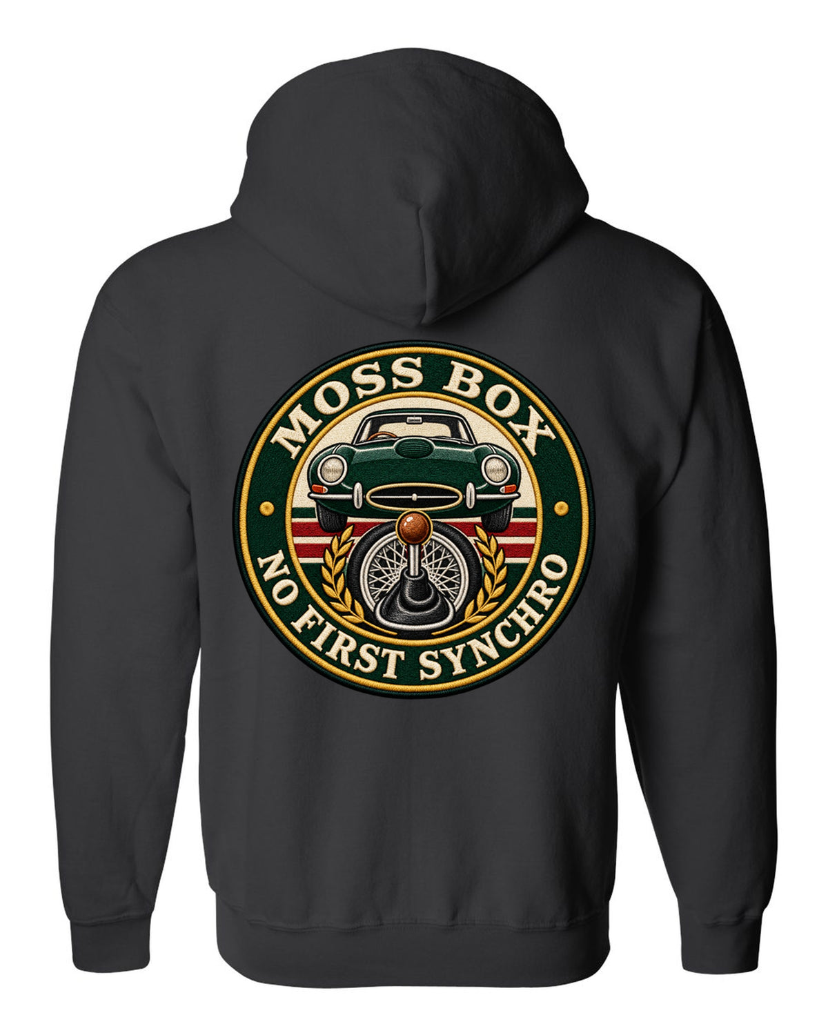 Varsity embroidery-style print for the 1961 Jaguar E-Type Series 1 with Moss box lettering black zip hoodie back view with the design