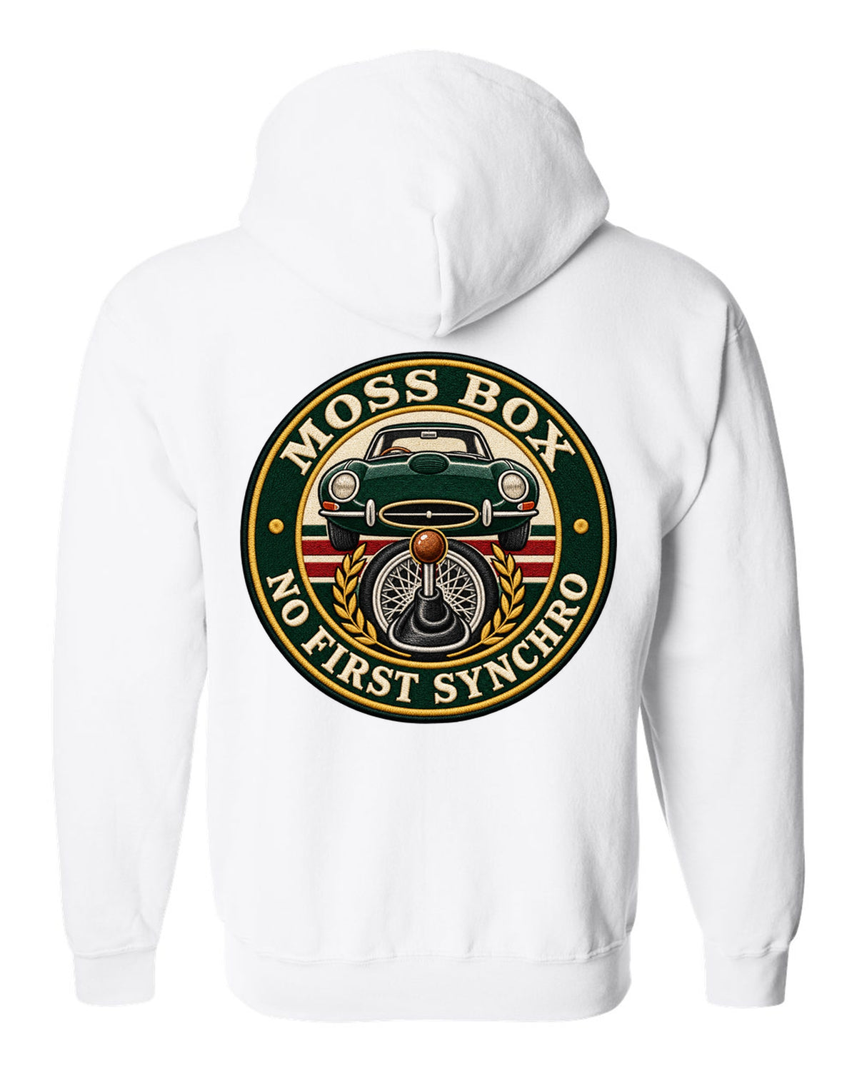 Varsity embroidery-style print for the 1961 Jaguar E-Type Series 1 with Moss box lettering white zip hoodie back view with the design