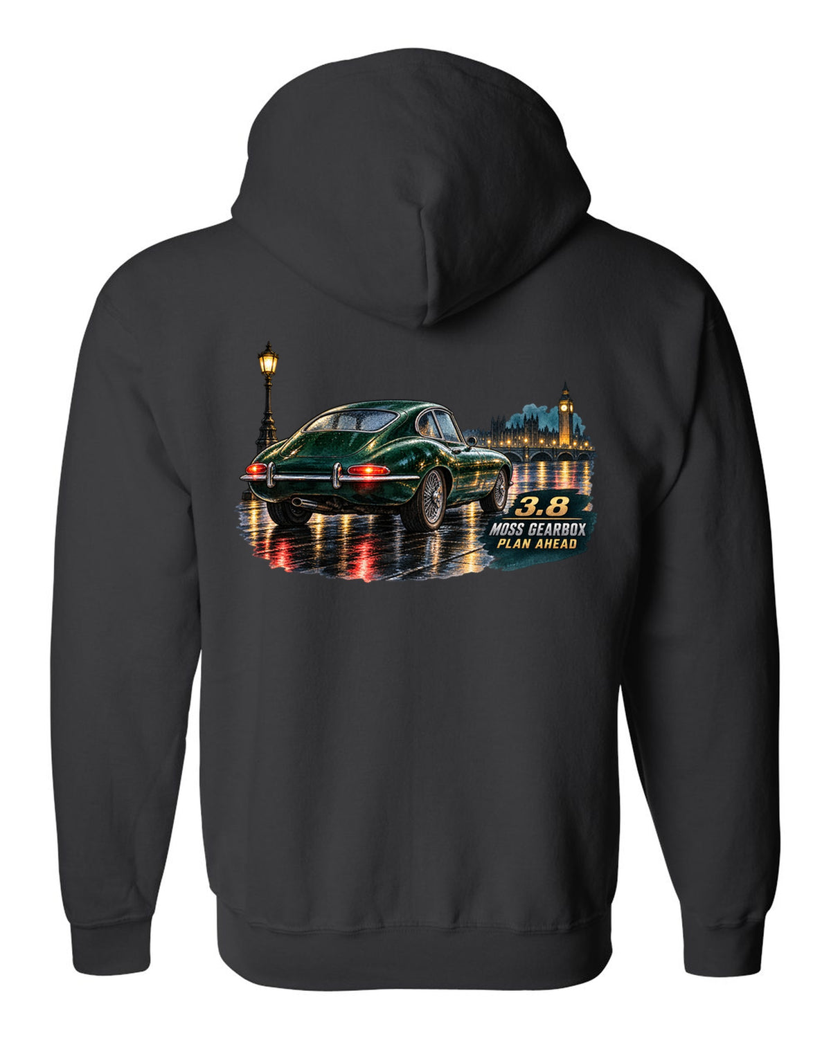 Watercolour print of 1964 Jaguar E-Type Series 1 taillights on a wet night road black zip hoodie back view with the design