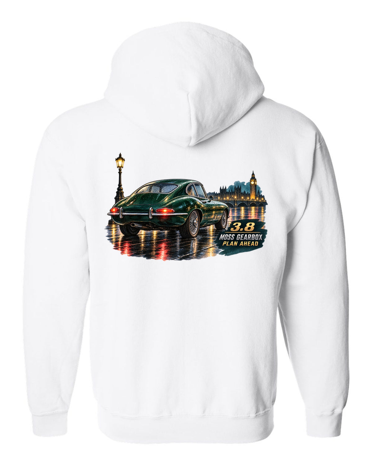 Watercolour print of 1964 Jaguar E-Type Series 1 taillights on a wet night road white zip hoodie back view with the design