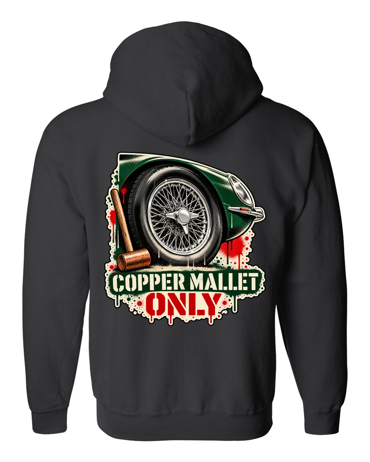 Spray stencil street art print of a Jaguar E-Type Series 1 wire wheel with copper mallet lettering black zip hoodie back view with the design
