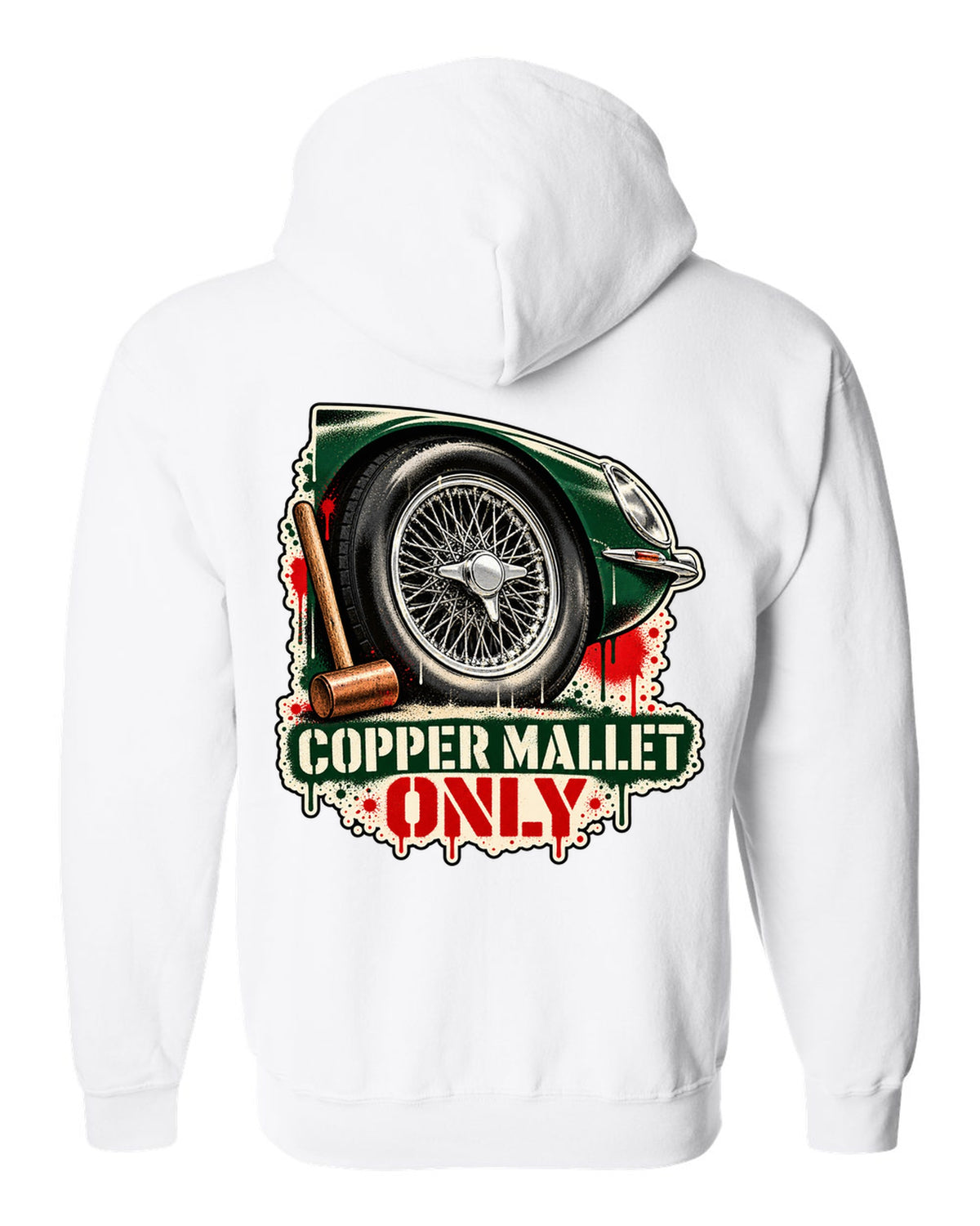 Spray stencil street art print of a Jaguar E-Type Series 1 wire wheel with copper mallet lettering white zip hoodie back view with the design