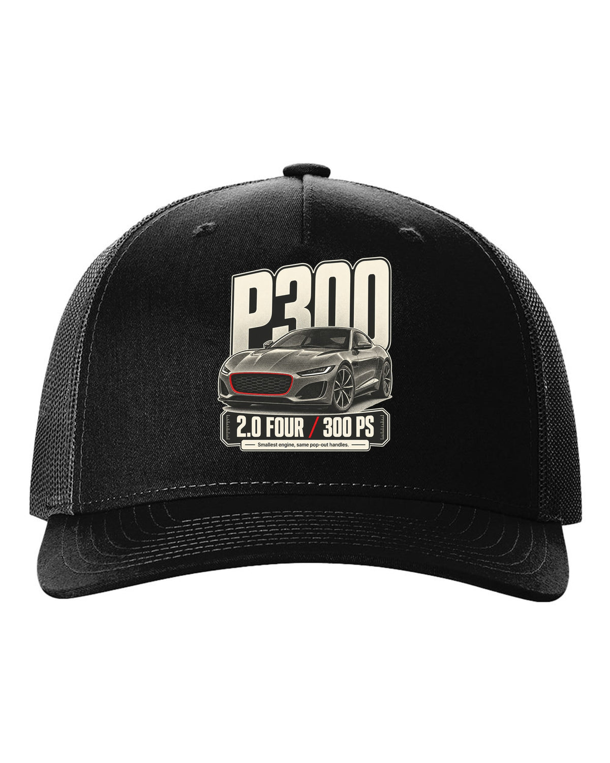 Halftone statement print for the Jaguar F-Type P300 2.0 four-cylinder with 300 PS text black hat front view with the design