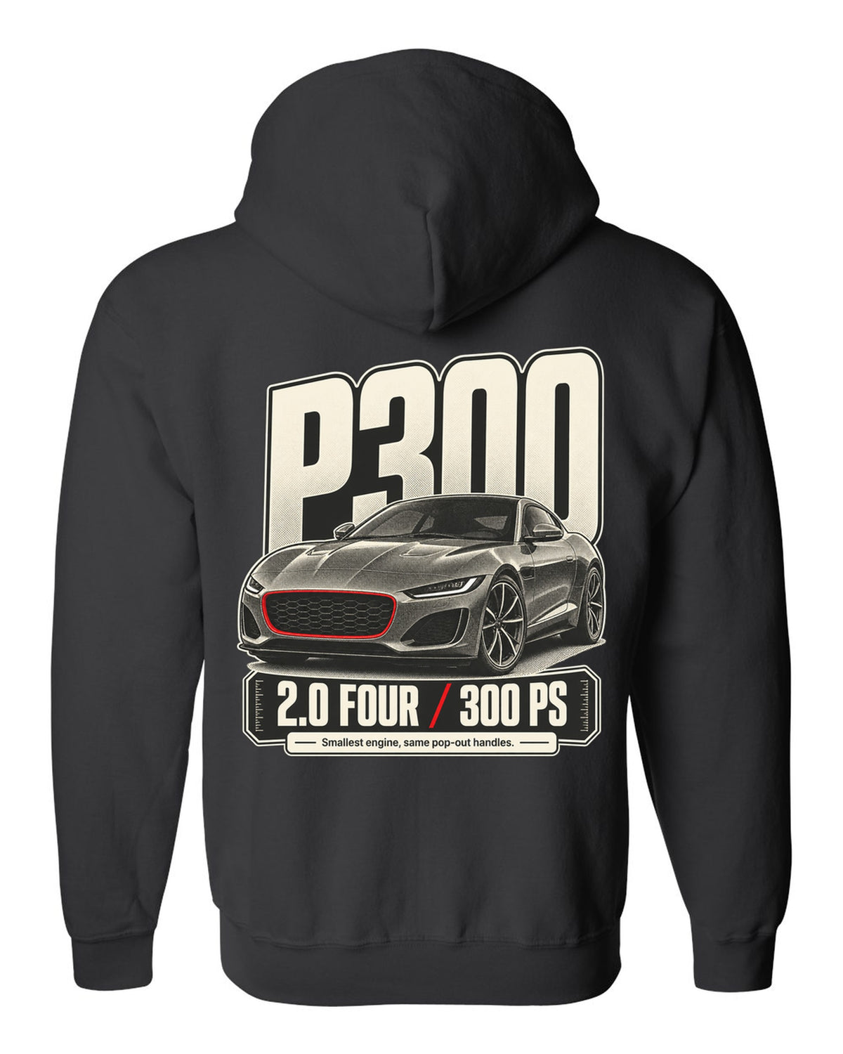 Halftone statement print for the Jaguar F-Type P300 2.0 four-cylinder with 300 PS text black zip hoodie back view with the design