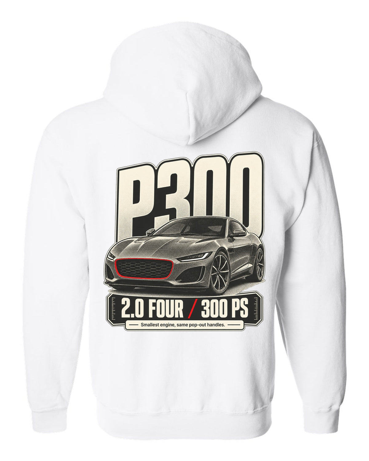 Halftone statement print for the Jaguar F-Type P300 2.0 four-cylinder with 300 PS text white zip hoodie back view with the design