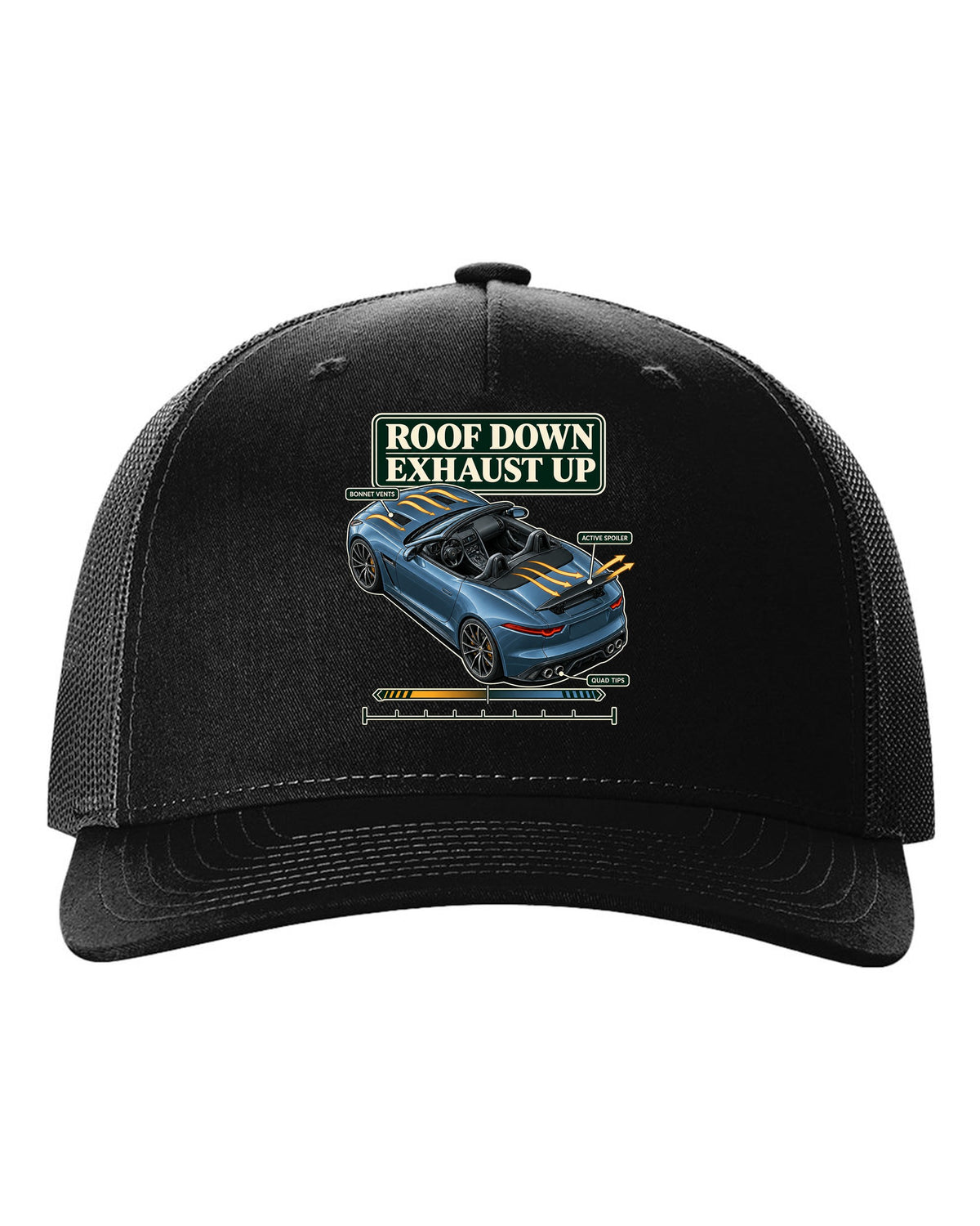 Aero cutaway callout print of the Jaguar F-Type R Convertible with roof down exhaust up text black hat front view with the design