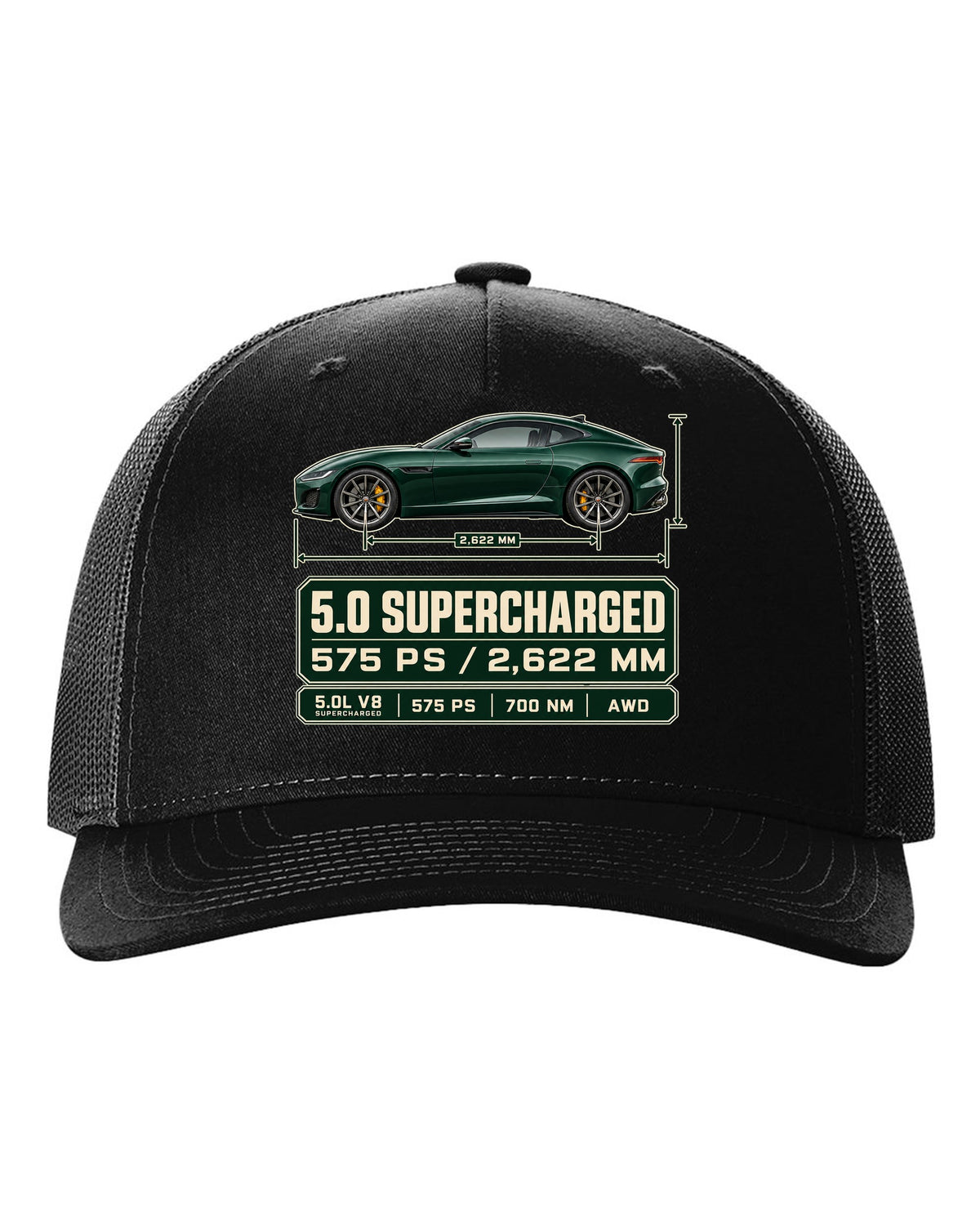 Spec poster print of the Jaguar F-Type R Coupe with 5.0 supercharged and 575 PS text black hat front view with the design