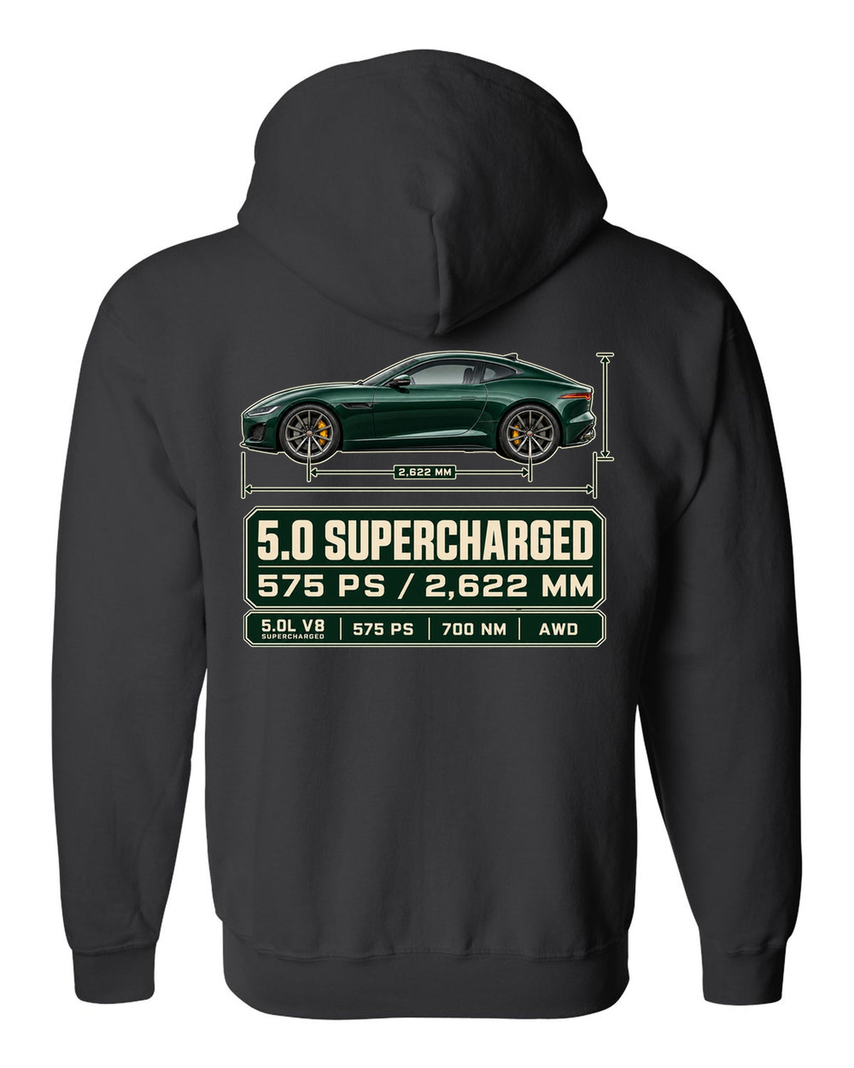 Spec poster print of the Jaguar F-Type R Coupe with 5.0 supercharged and 575 PS text black zip hoodie back view with the design