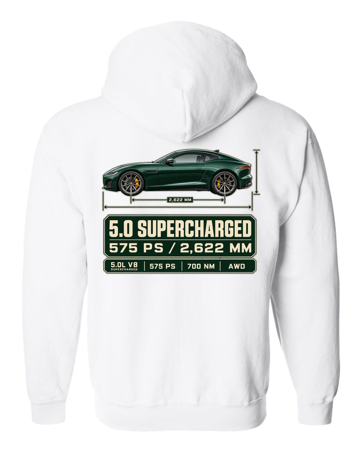 Spec poster print of the Jaguar F-Type R Coupe with 5.0 supercharged and 575 PS text white zip hoodie back view with the design