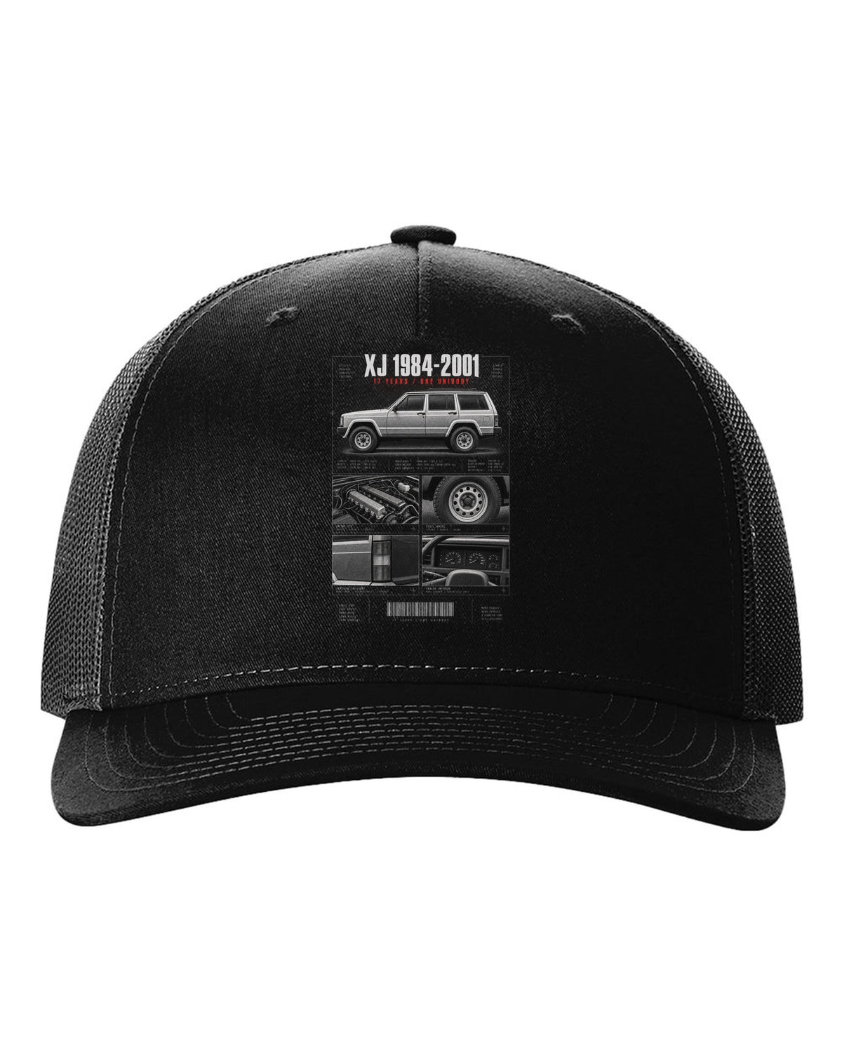 Jeep Cherokee XJ dossier panel print marking 1984 to 2001 black hat front view with the design