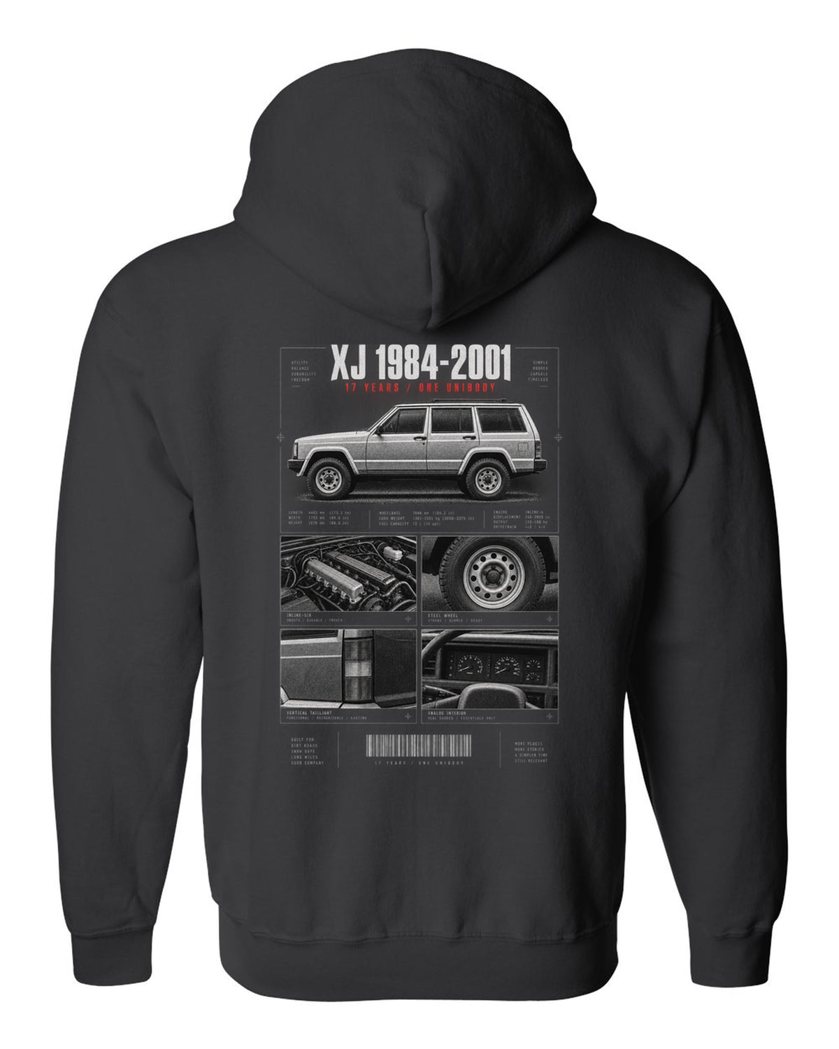 Jeep Cherokee XJ dossier panel print marking 1984 to 2001 black zip hoodie back view with the design