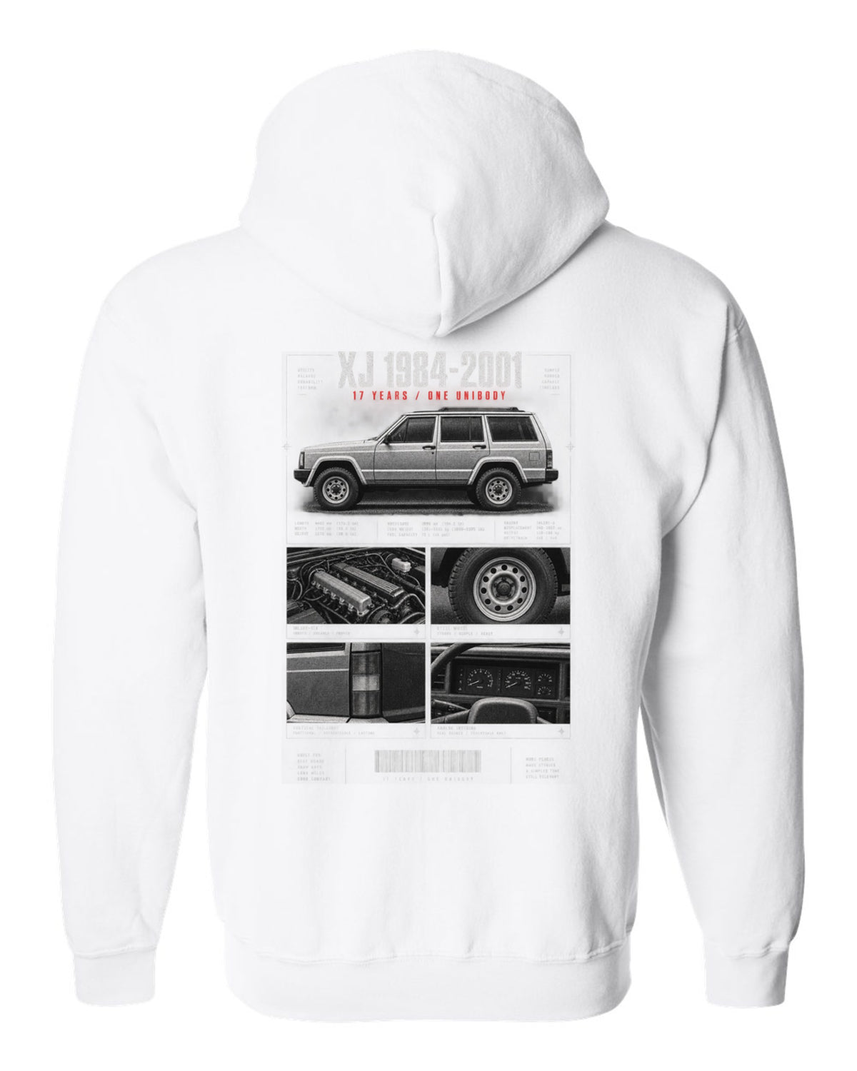 Jeep Cherokee XJ dossier panel print marking 1984 to 2001 white zip hoodie back view with the design