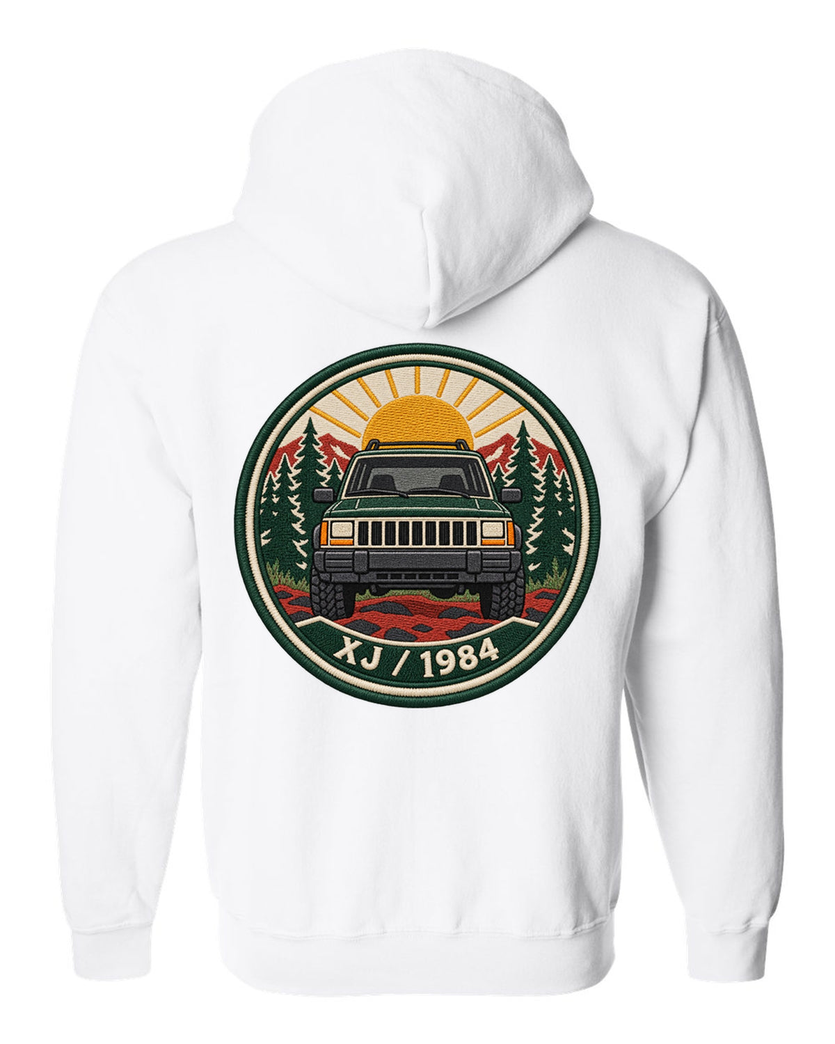 Round embroidered-style crest print of a boxy Jeep Cherokee XJ with XJ 1984 text white zip hoodie back view with the design