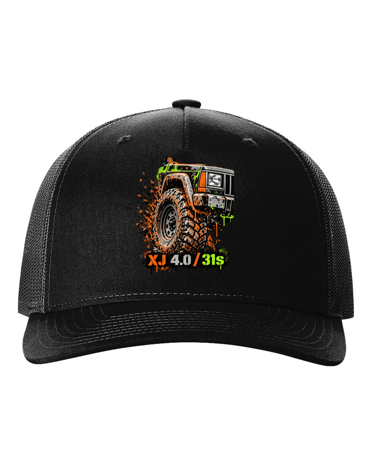Stencil spray street art print of a muddy Jeep Cherokee XJ wheel with XJ 4.0 31s text black hat front view with the design
