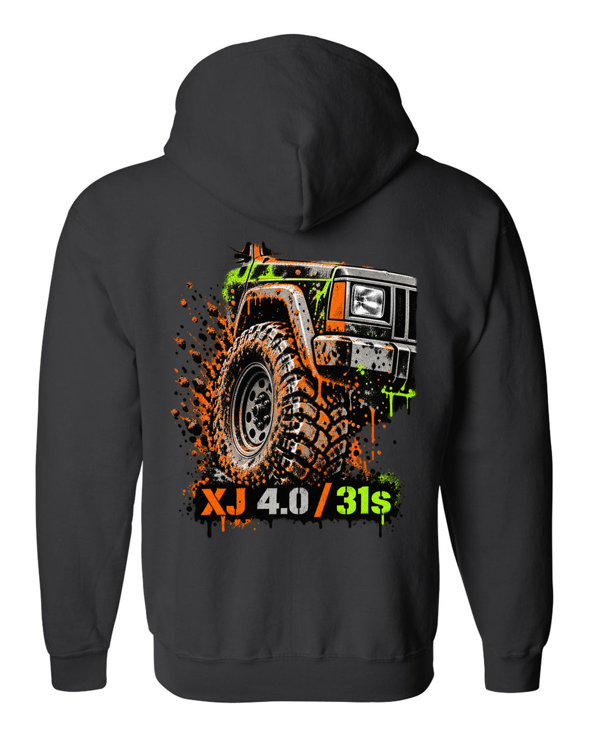 Stencil spray street art print of a muddy Jeep Cherokee XJ wheel with XJ 4.0 31s text black zip hoodie back view with the design