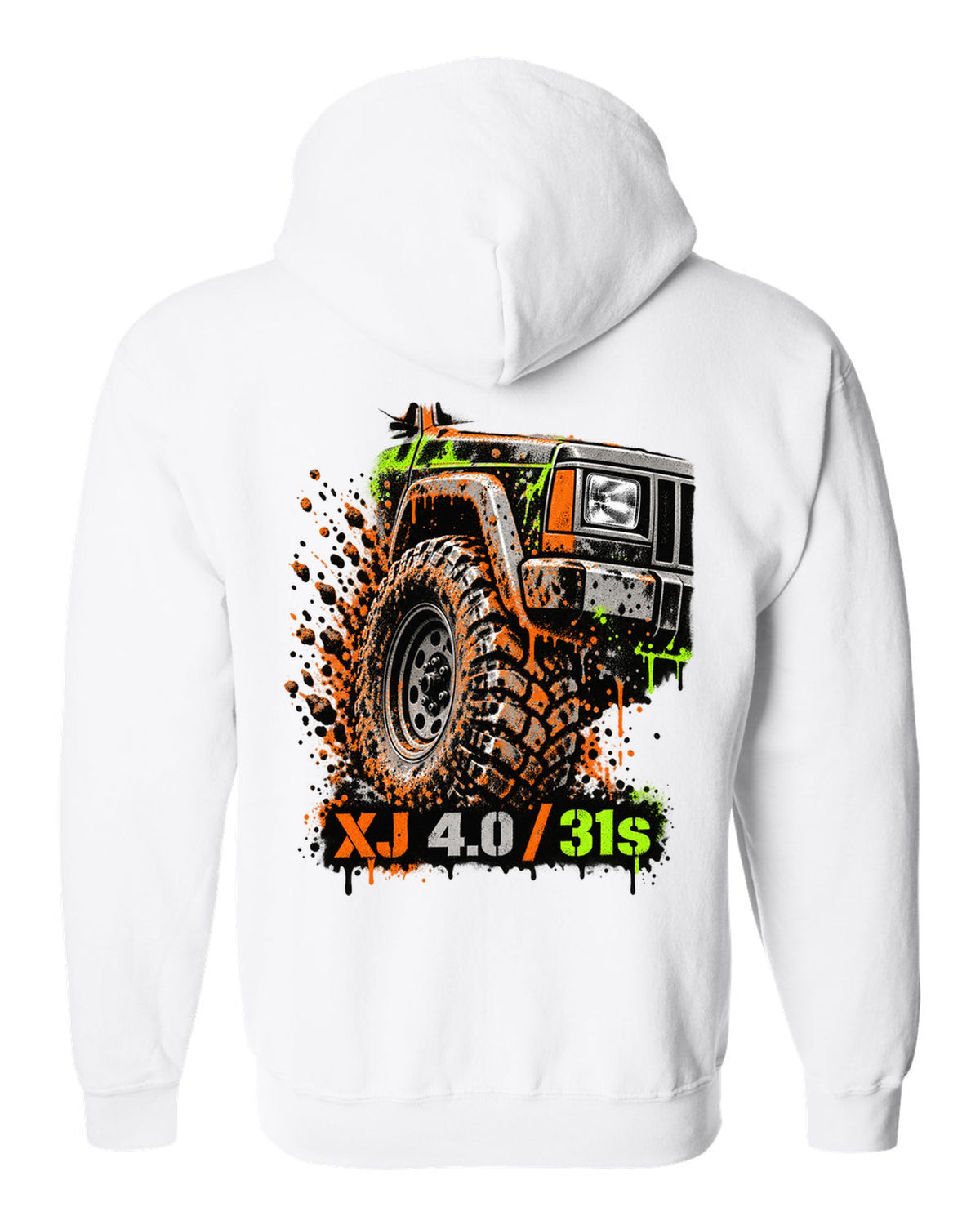 Stencil spray street art print of a muddy Jeep Cherokee XJ wheel with XJ 4.0 31s text white zip hoodie back view with the design