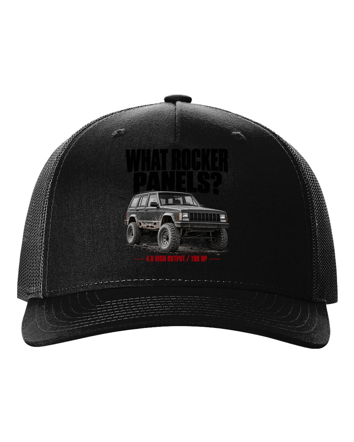 Jeep Cherokee XJ halftone print with 4.0 High Output 190 HP text black hat front view with the design