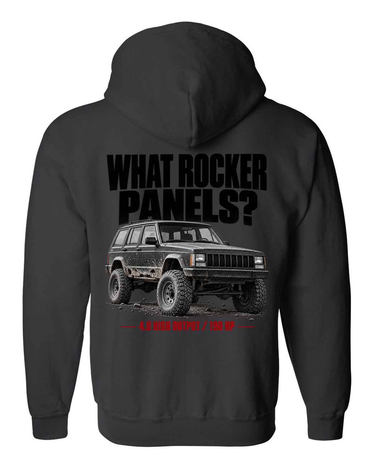 Jeep Cherokee XJ halftone print with 4.0 High Output 190 HP text black zip hoodie back view with the design