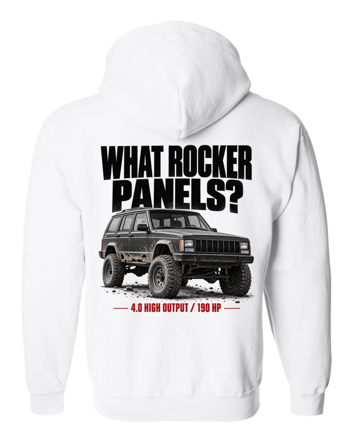Jeep Cherokee XJ halftone print with 4.0 High Output 190 HP text white zip hoodie back view with the design