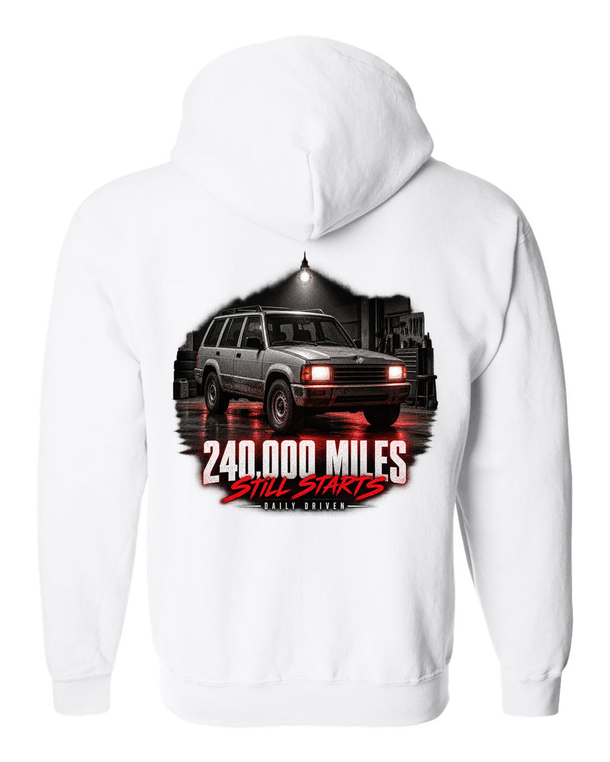Jeep Cherokee XJ at night with daily driven 240,000 miles print white zip hoodie back view with the design