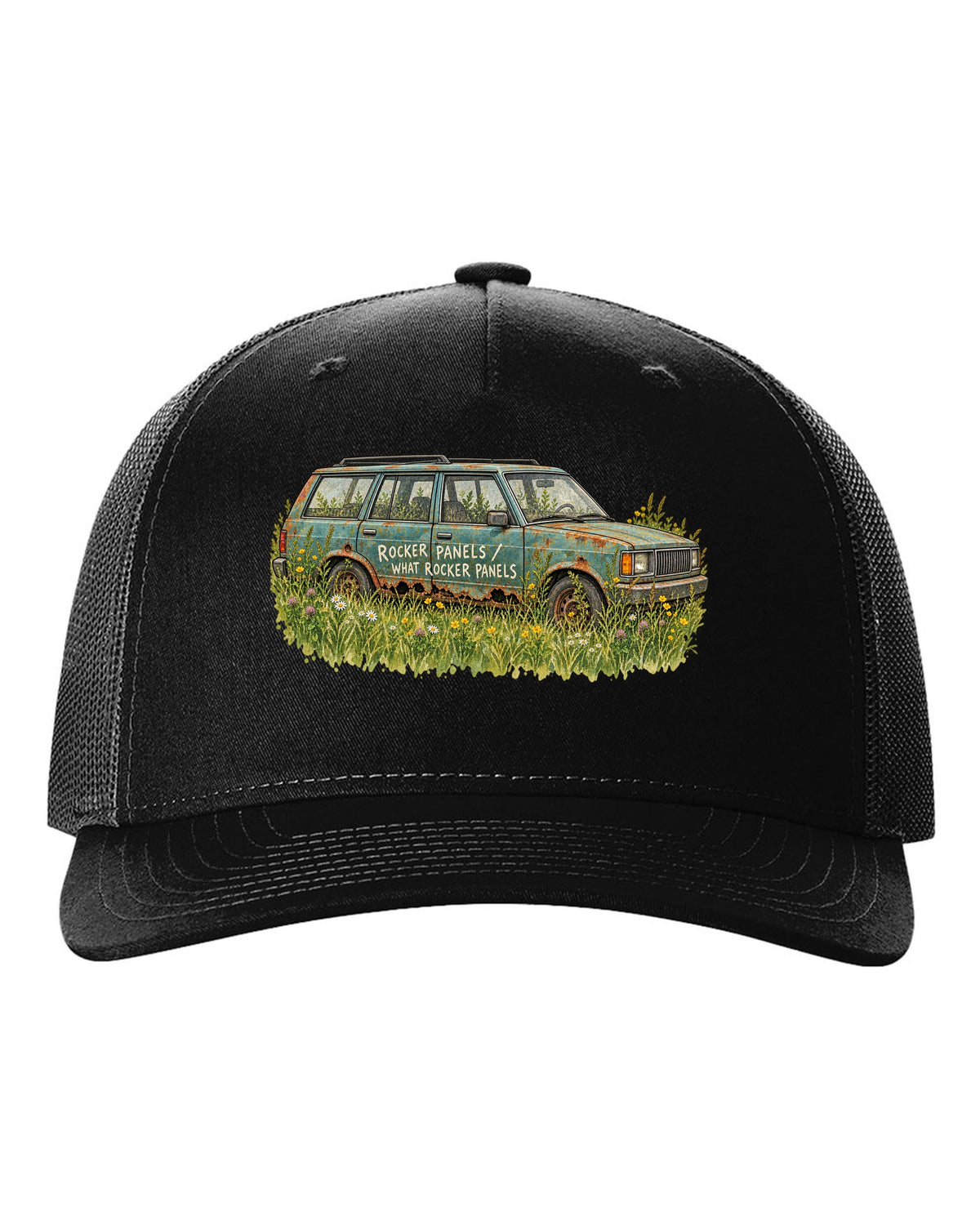 Watercolour print of a Jeep Cherokee XJ in a meadow with a rocker panel joke black hat front view with the design