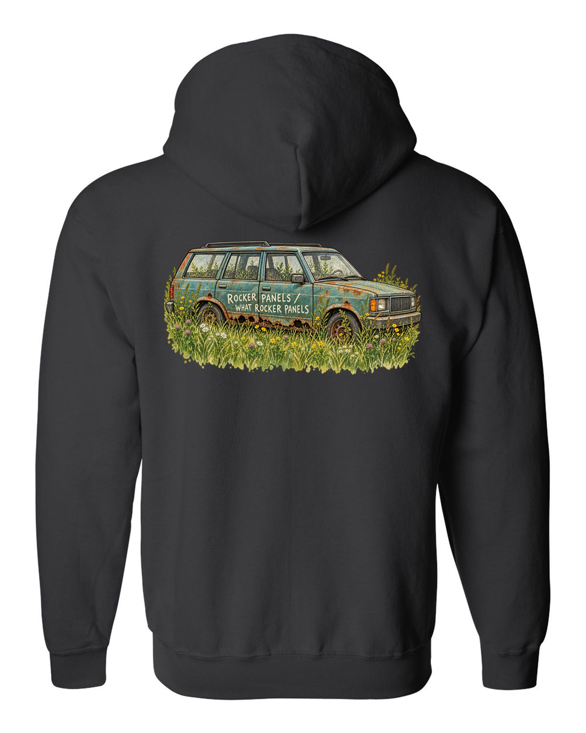 Watercolour print of a Jeep Cherokee XJ in a meadow with a rocker panel joke black zip hoodie back view with the design