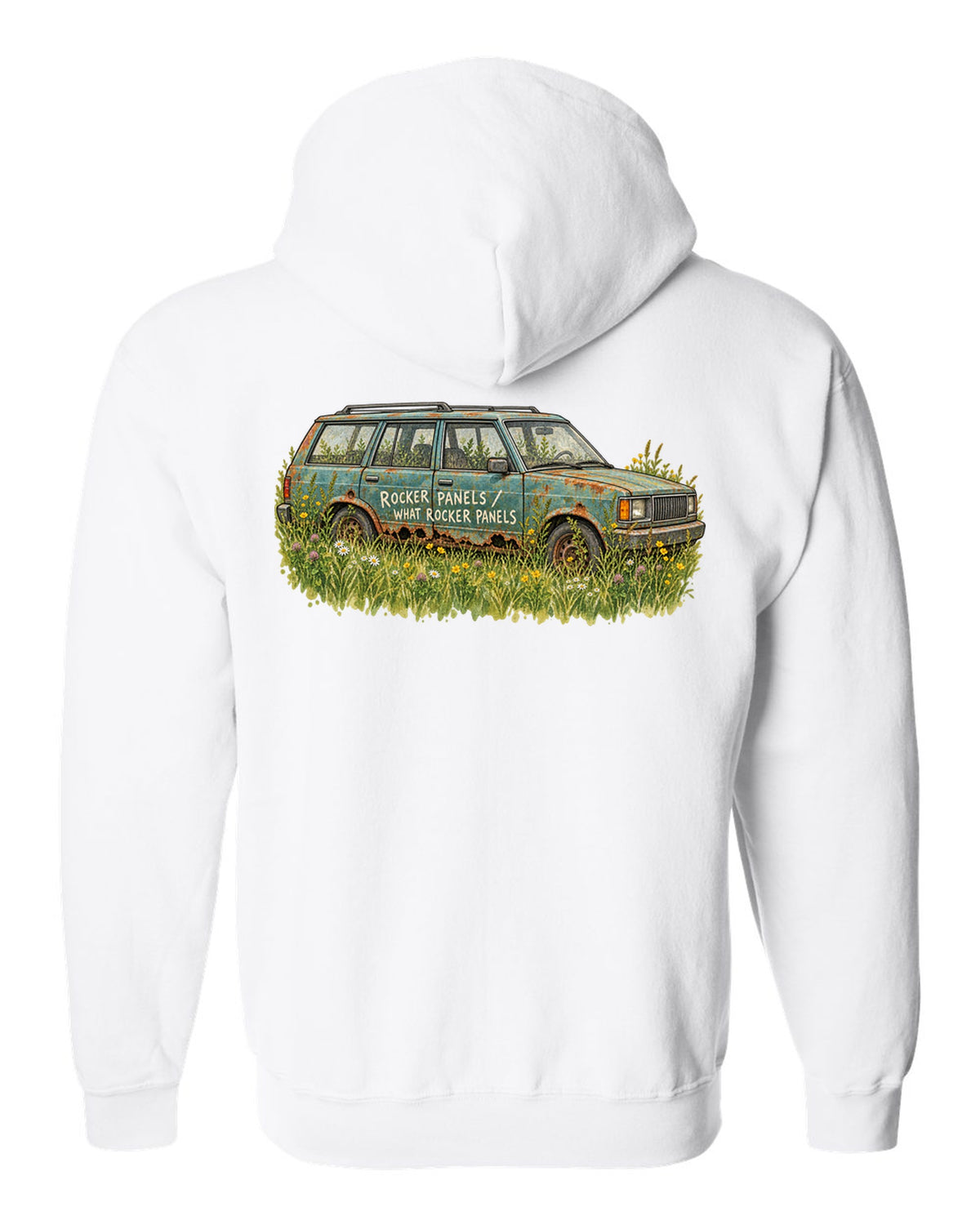 Watercolour print of a Jeep Cherokee XJ in a meadow with a rocker panel joke white zip hoodie back view with the design